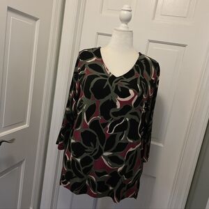 Chico's Travelers Collection Elegant V-Neck Green Floral Knit Top 16/18=3